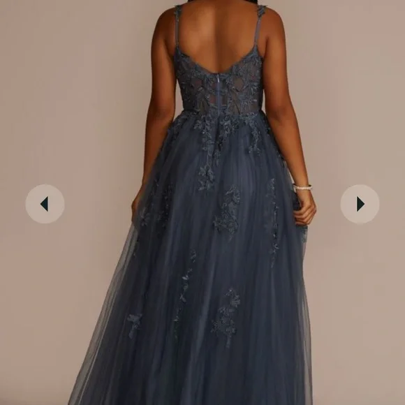 David's Bridal Blue Lace Prom Dress - Picture 2 of 6